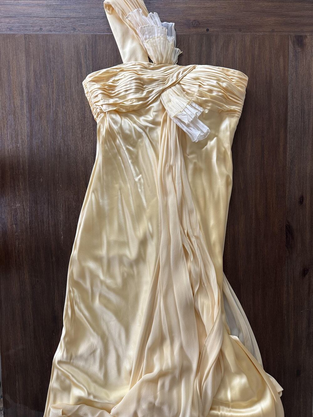 Yellow Silk Dress Grecian Maxi Formal Gown Womens 14 One Shoulder Marc Bouwer